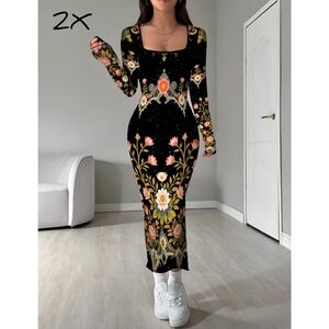 Square neck long sleeve floral Bodycon dress, 2X